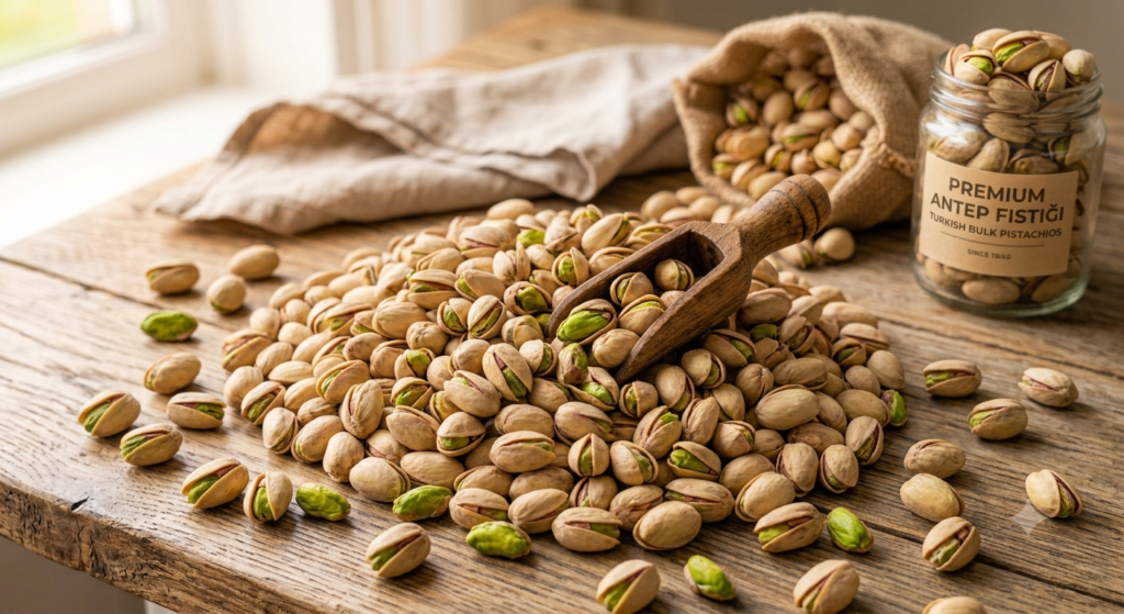 Pistachios (Shelled Kernels & In-Shell) World-renowned Antep origin, prized for their vibrant green color and intense, aromatic flavor. Our pistachios are meticulously processed to meet the demanding standards of the premium ice cream, baklava, and luxury confectionery industries. Available as whole kernels, split kernels, or perfectly roasted in-shell.